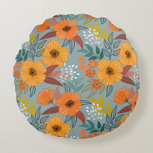 Colourful hand draw flowers seamless pattern round cushion (Front)