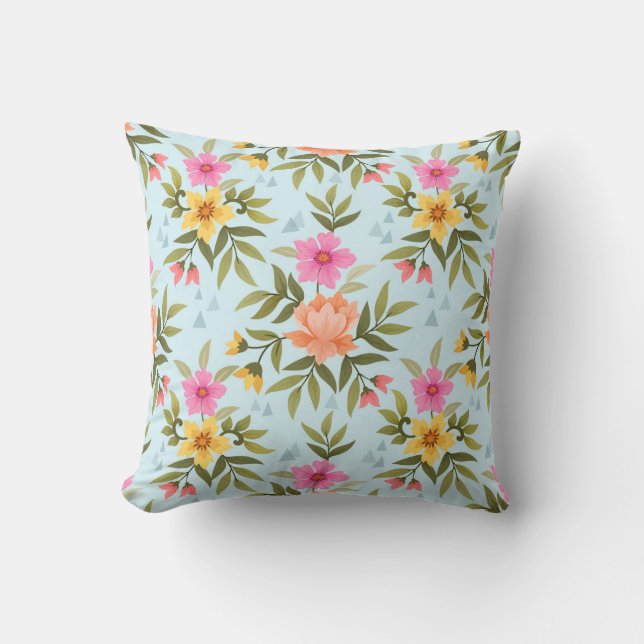 Colourful Hand Draw Flowers Throw Pillow (Front)