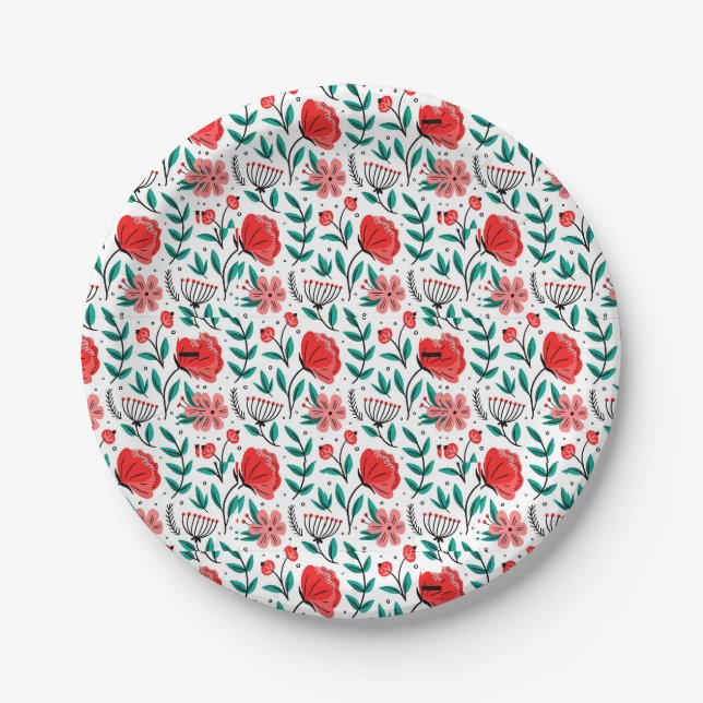 Colourful Hand Drawn Floral Pattern. Paper Plate (Front)