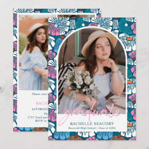 Colourful Hand Drawn Floral Photo Graduation Party Invitation
