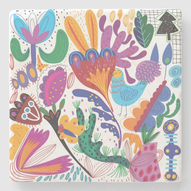 Colourful Hand Drawn Floral & Plants Stone Coaster (Front)