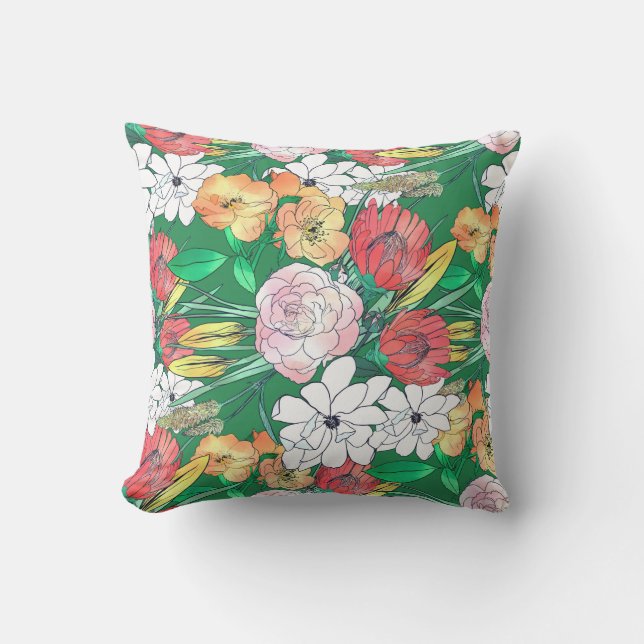 Colourful Hand Drawn Flowers Green Girly Design Cushion (Front)