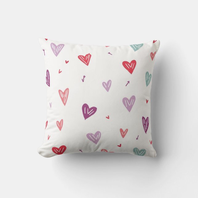 Colourful Hand-Drawn Hearts Throw Pillow (Front)