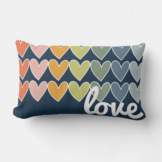 Colourful Hand Drawn Rainbow Hearts Lumbar Cushion (Front)