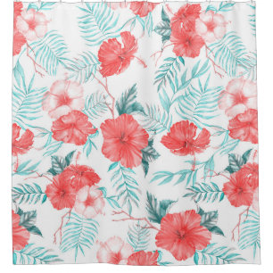 Colourful hand-drawn tropical pattern with bright shower curtain