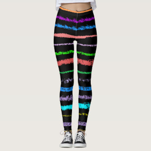 Colourful Hand Made Stripes Pattern On Black Leggings
