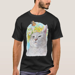 Colourful Hand Painted Kitty Cat Portrait Butterfl T-Shirt