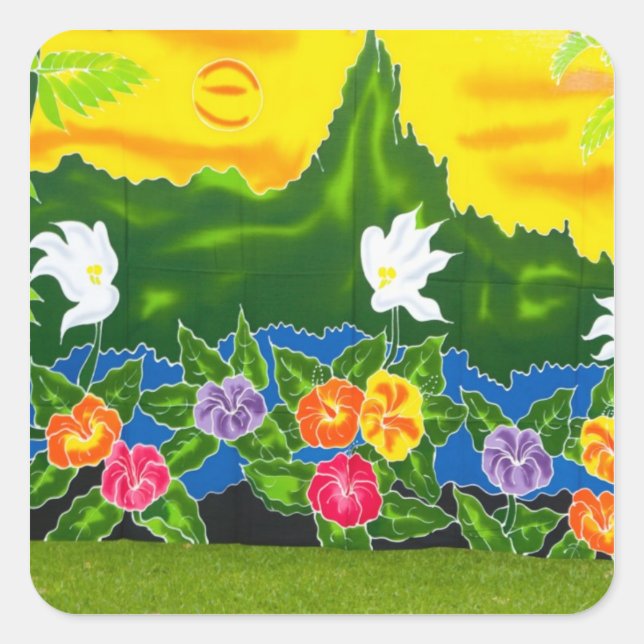 Colourful hand painted wraps.  Moorea, French Square Sticker (Front)