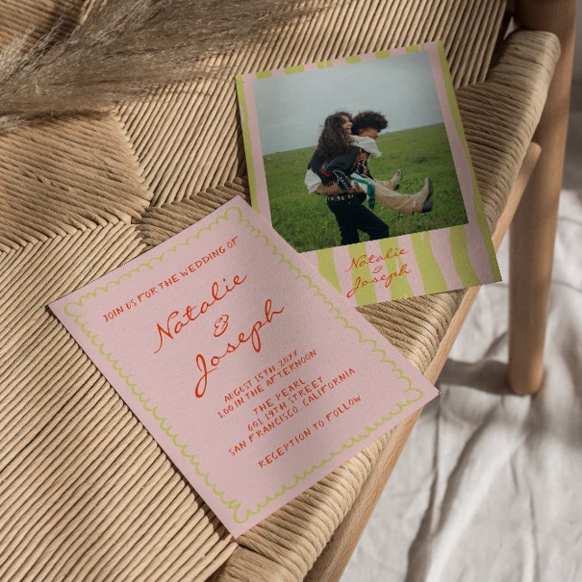 Colourful Hand Written Pinstripes Photo Fun Weddin Invitation (Creator Uploaded)