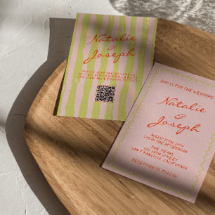 Colourful Hand Written Pinstripes QR Code Wedding Invitation