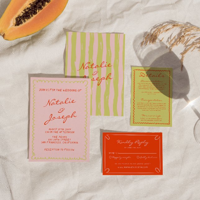 Colourful Hand Written Pinstripes Whimsical Weddin Invitation (Creator Uploaded)