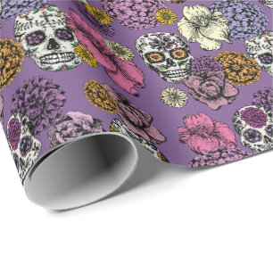 Colourful Handdrawn Mexican Sugar Skulls & Flowers Wrapping Paper
