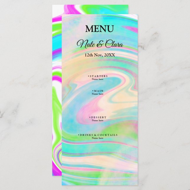 Colourful handpainted acrylic fluid pour wedding menu (Front/Back)