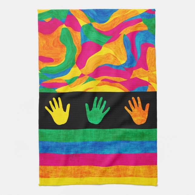 Colourful Handprint Abstract Pattern Tea Towel (Vertical)
