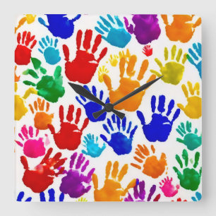 Colourful HandPrint Square Wall Clock