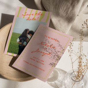Colourful Handwritten Retro Pinstripe Photo Weddin Save The Date