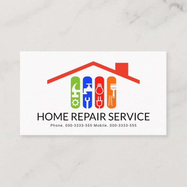 Colourful Handyman Tools Roof Building Business Card (Front)