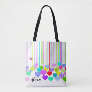 colourful hanging hearts tote bag