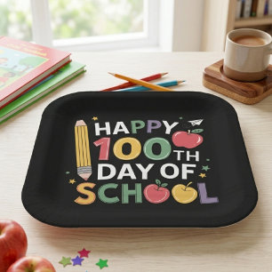 Colourful Happy 100th Day Of School Pencil Apple  Paper Plate