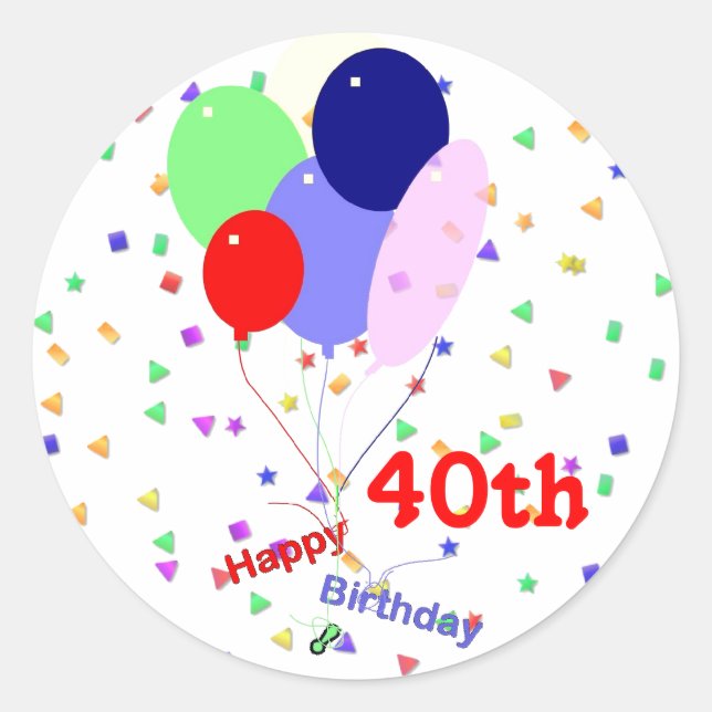 Colourful Happy 40th Birthday Balloons Classic Round Sticker (Front)