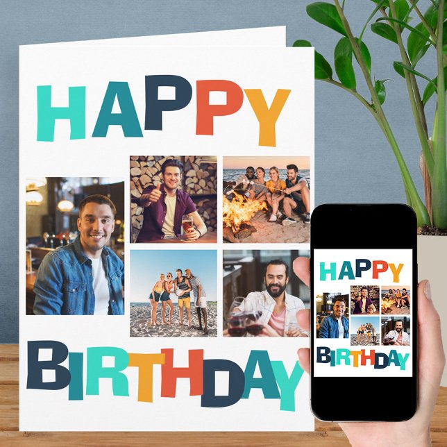 Colourful Happy Birthday 5 Photo Collage Card (Creator Uploaded)