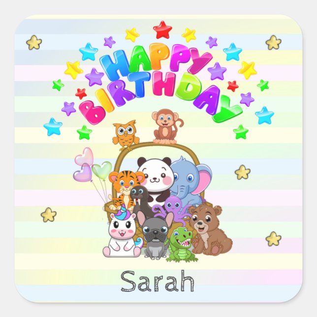 Colourful Happy Birthday Animals Custom Square Sticker (Front)