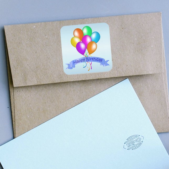 Colourful Happy Birthday Balloons Banner Party Square Sticker (Bright festive colourful balloons with streamer and Happy Birthday banner on blue paper sticker.)