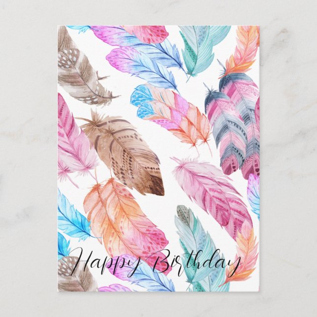 Colourful Happy Birthday  Boho Feathers Postcard (Front)