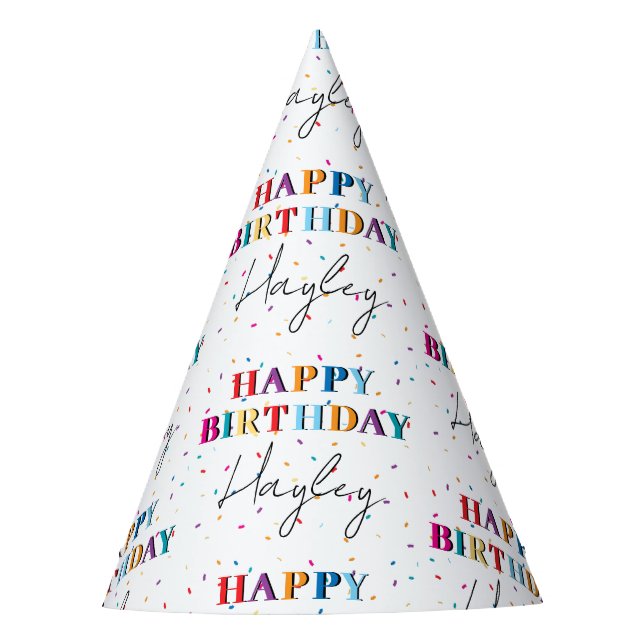 Colourful Happy Birthday Custom Name Confetti Party Hat (Front)