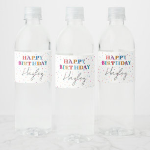 Colourful Happy Birthday Custom Name Confetti Water Bottle Label