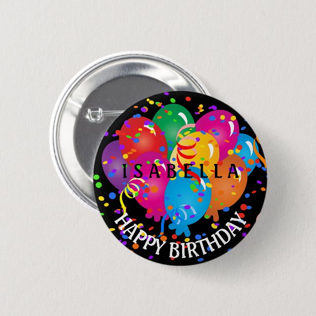 Colourful Happy Birthday Design on Black 6 Cm Round Badge (Front & Back)