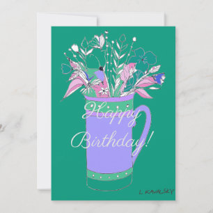 Colourful Happy Birthday Flowers In Mug  Holiday Card