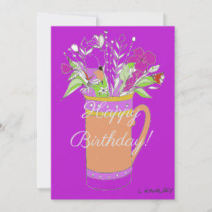 Colourful Happy Birthday Flowers In Mug  Holiday Card