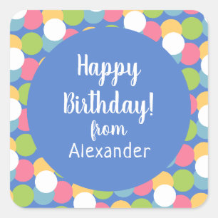 Colourful Happy Birthday from Name Blue Square Sticker