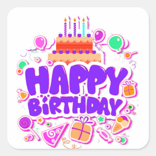 Colourful Happy Birthday Greeting With Cake Square Sticker