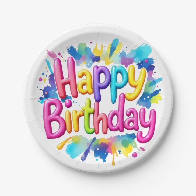 Colourful "Happy Birthday" Paint Splatter  Paper Plate (Front)