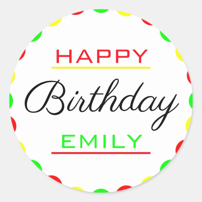 Colourful Happy Birthday Party Custom Name Classic Round Sticker (Front)