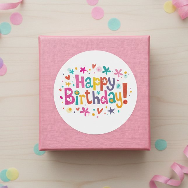Colourful "Happy Birthday!" Round Sticker (Retro Birthday Stickers)
