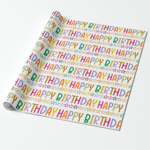 Colourful Happy Birthday Text and Stars Pattern  Wrapping Paper