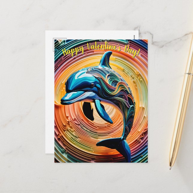 Colourful Happy Dolphin Valentines Day Holiday Postcard (Front/Back In Situ)