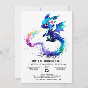 Colourful Happy Dragon Digital Girl Birthday Invitation