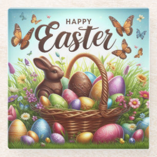 Colourful, Happy Easter basket with eggs Glass Coaster