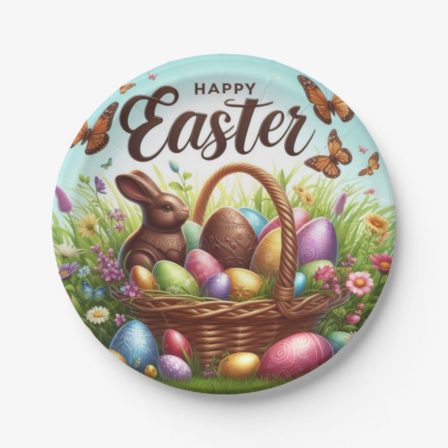 Colourful, Happy Easter basket with eggs Paper Plate (Front)