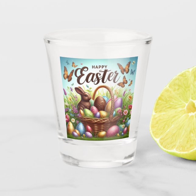 Colourful, Happy Easter basket with eggs Shot Glass (Front)