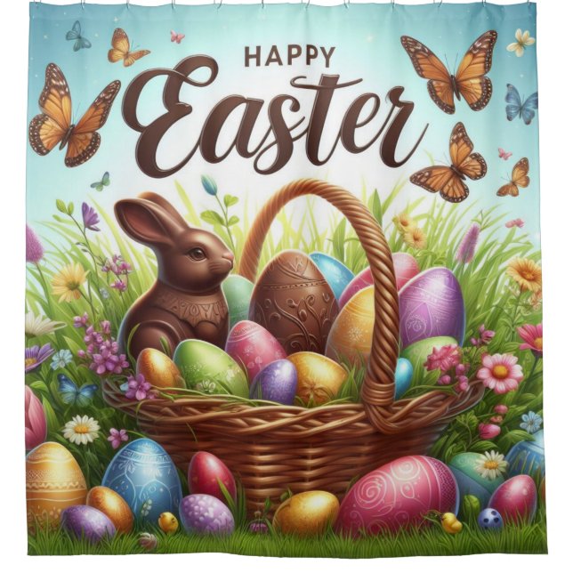 Colourful, Happy Easter basket with eggs Shower Curtain (Front)