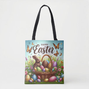Colourful, Happy Easter basket with eggs Tote Bag