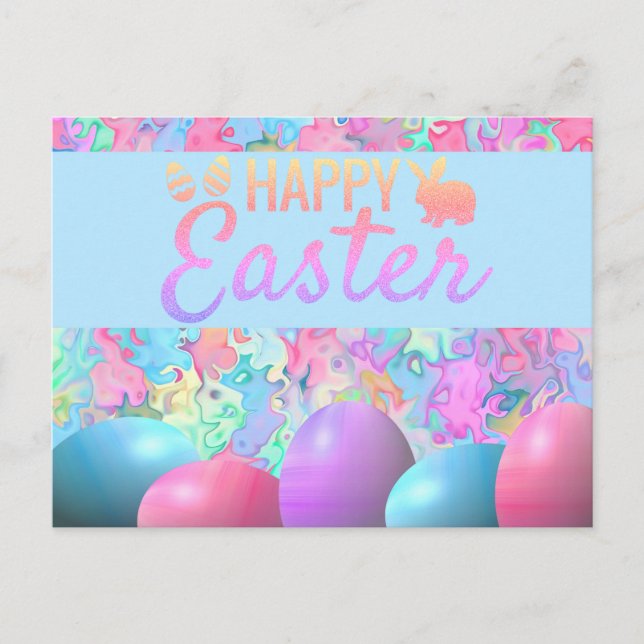 Colourful Happy Easter Eggs on Marble Background Postcard (Front)