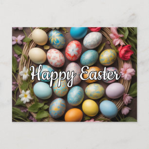 Colourful Happy Easter Eggs & Spring Flowers Postcard