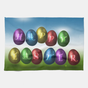 Colourful Happy Easter Eggs Tea Towel