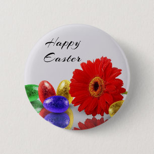 Colourful Happy Easter Eggs with Gerbera 6 Cm Round Badge
